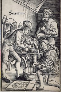 Gersdorff, Hans von (1455 - 1529). Duitse chirurg. Amputatie van een been. Houtsnede door Hans Wechtlin voor het boek "Feldtbuch der Wundartzney" (Veldboek van chirurgie) door Artist Unknown