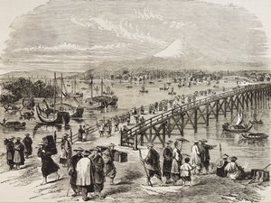 Japan (19e eeuw). Stad Edo, doorkruist door de Toniak-rivier. Gravure. Privécollectie door Artist Unknown