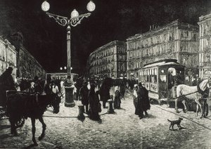 Madrid (1878). De Puerta del Sol verlicht met elektrisch licht. Afbeelding naar een tekening van Pellicer voor "La Ilustracion Espanola y Americana". Ets. door Artist Unknown