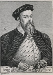 Maurits van Saksen (1521-1553). Hertog (1541-47) en later keurvorst (1547-53) van Saksen. Protestant sinds 1539. Portret gebaseerd op een schilderij van Lucas Cranach. Gravure door Artist Unknown