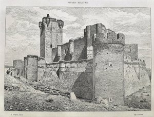 Medina del Campo. Het Mota-kasteel. Gravure. SPANJE. ARAGON. Zaragoza. Algemene Militaire Academie