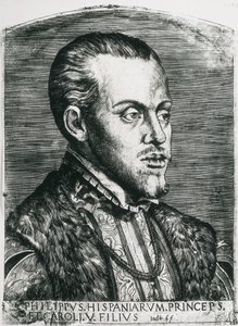 PHILIPS II van Spanje (1527-1598). Koning van Spanje (1556-1598) en Portugal (1580-1598). Portret van Philips nog als prins. Houtsnede. door Artist Unknown