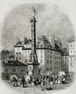 Parijs. Waterverkopers voor de fontein van Place Châtelet (gravure)