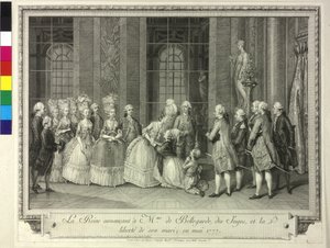 Koningin Marie Antoinette kondigt Madame de Bellegarde 1777 de vrijlating van haar echtgenoot aan door Artist Unknown
