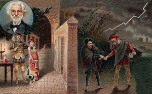 Rigoletto zet Sparafucile in om hertog te vermoorden - Act 3 scène 4 uit de opera Rigoletto van Giuseppe Verdi door Artist Unknown