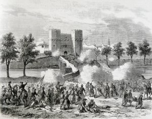 Spanje (1868). Glorieuze Revolutie. Aanval van de regeringstroepen bij de Serrans-poort in Valencia. Gravure uit 