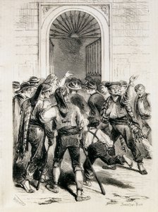 Spanje (1873). Uitroeping van de Eerste Republiek en bestorming van het stadhuis van Barcelona (11 februari 1873). Ets. door Artist Unknown