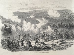 Spanje. Revolutie van 1868. Slag bij Alcolea (20 september), die culmineerde in de afzetting van Isabel II. Gravure door Artist Unknown
