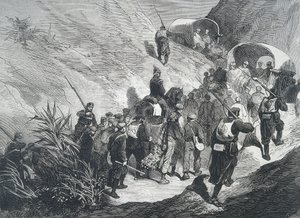 Spanje. Derde Carlistenoorlog. Carlistische gevangenen die door de bergen in Emporda (Catalonië) lopen. Gravure. door Artist Unknown