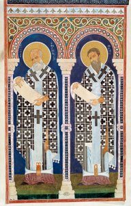 De heilige Gregorius van Nyssa en de heilige Basilius Groot, vaders van de Grieks-orthodoxe kerk, gravure, 4e eeuw door Artist Unknown