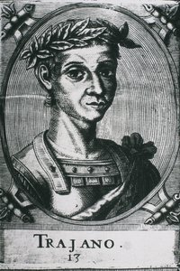 TRAJANUS, Marcus Ulpius Traianus (53-117). Portret van Trajanus met lauweren. Detail van de originele gravure door Artist Unknown