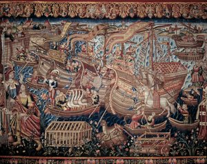 De Portugese navigator Vasco de Gama (1459-1524) kwam in 1498 aan in Calicut in India, detail, wandtapijt door Artist Unknown