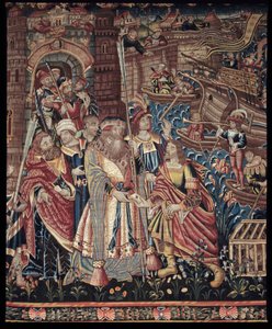 De Portugese navigator Vasco de Gama (1459-1524) kwam in 1498 aan in Calicut in India, detail, wandtapijt door Artist Unknown