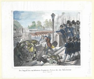 De aanval van het k. k. Infanterieregiment Nassau bij de Taborbrücke op 6 oktober 1848 door Artist Unknown