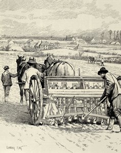 VERENIGD KONINKRIJK. ENGELAND. Industriële Revolutie. Boormachine uitgevonden door Jethro Tull. Gerst zaaien in februari. Tekening door Gunning King gepubliceerd in 