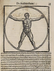 VITRUVIUS, Marcus Vitrubius Pollio (1e eeuw v.Chr.). "De Architectura", met vertaling in het Spaans door Miguel de Urrea. Uitgegeven in Alcala de Henares door Juan Gracian (1582). Illustratie van pagina 35 met het menselijk lichaam canon. Houtsnede door Artist Unknown