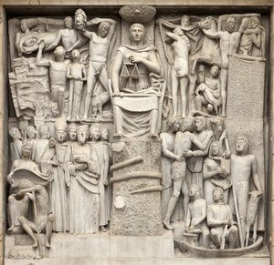 Fascistische rechtvaardigheid: "Rechtvaardigheid zittend op de stam van de Boom van Goed en Kwaad"