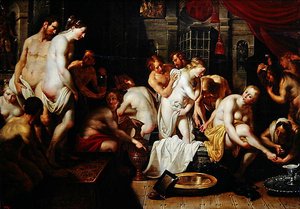 Esther in het vrouwenverblijf van Ahasveros door Artus Wolfaerts or Wolffort
