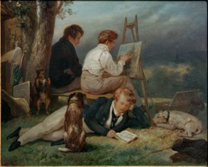 De drie broers Scheffer in een landschap