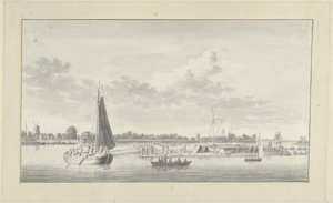 Groot vlot en verschillende schepen op de Merwede bij het huis de Merwe bij Dordrecht