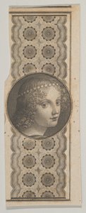 Bankbiljetmotief met een meisjeshoofd afgeleid van Leonardo da Vinci tegen een patroon, ca. 1824-37 door Asher Brown Durand.