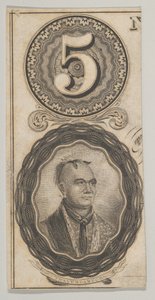 Bankbiljetmotieven: het nummer 5 en een portret van Thayendanegea, ca. 1824-37
