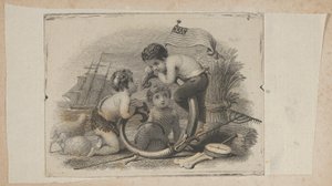 Bankbiljet vignet met drie putti als een herder, een boer en een zeeman, ca. 1824-37 door Asher Brown Durand.