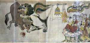 De triomf van Sariputra over de ketters. De wijze Sariputra bewijst de superioriteit van het boeddhisme door een leeuw te tonen door middel van een wonder: het hert verslindt een stier die een ketterse magiër heeft opgeroepen door Asian School