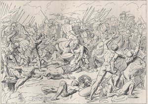 Peloponnesische Oorlog: De Slag bij Potidea (La battaglia di Potidea) waar de Griekse filosoof Socrates zijn leven redde in Alcibiade. (Gravure d