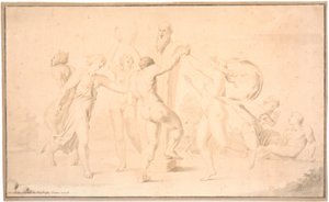 Bacchanaal. Een satyr, een bacchante en drie bacchanten dansen rond Priapusbeeld