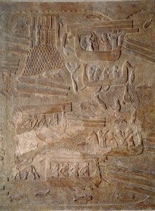 Kunst Mesopotamië (Assyrië): binnenplaats van het paleis van de koning van Assyrië Sargon II (721 - 705 v.Chr.) transport van cederhout uit Libanon. Parijs, Musee Du Louvre