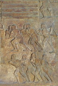 Detail van een reliëf dat het opstapelen van hout aan de kust voor transport over zee afbeeldt, uit het paleis van Sargon II, Khorsabad, Irak door Assyrian