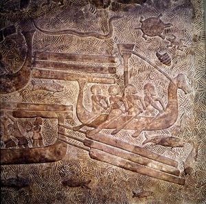 Zee-expeditie: transport van hout uit Libanon langs de Fenicische kust. Een voorstelling van een Fenicisch schip met een enkele rij roeiers. Bas-reliëf van Khorsabad (Khunsabad), 8e eeuw v.Chr. Neo-Assyrische periode (ca. 1000-612 v.Chr.), Mesopotamië. Lou
