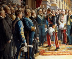 De opening van de Cortes in de Senaat, detail Alfonso XIII van Spanje (1886-1941) begroet Antonio Maura y Montaner (1853-1925) bij zijn binnenkomst in de Senaat, 24 juni 1920