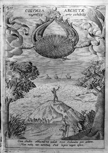 Archytas van Tarente (435-347 v.Chr.) laat een houten duif vliegen. Gravure uit 