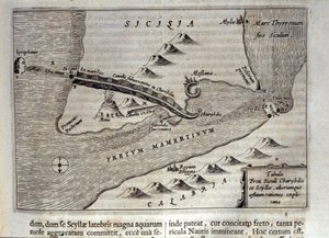 Cartografische weergave van Charybdis en Scylla in de Straat van Messina, Sicilië. Gravure uit 