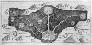 Dwarsdoorsnede van de aardkorst waarmee Athanasius Kircher de oorsprong van de thermale bronnen demonstreert