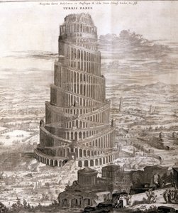 De Toren van Babel. Reconstructie door Athanasius Kircher in zijn werk Turris Babel over deze torenbouw en de geschiedenis van de vroege mensheid door Athanasius Kircher