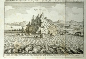 Uitzicht op de rotsen van Charybdis en Scylla in de Straat van Messina, Sicilië. Gravure uit 