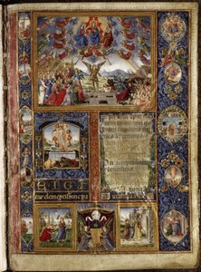 Missaal van Thomas James: het Laatste Oordeel, met vignetten met scènes uit het lijdensverhaal en het leven van de Maagd Maria.