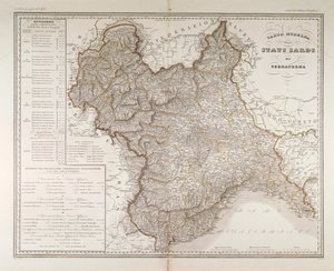 Sardijnse Staten op het vasteland. Kaart door Attilio Zuccagni-Orlandini, uit de Geografische Atlas van Italiaanse Staten, Florence, gravure op koper door Attilio Zuccagni Orlandini