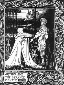 Koning Arthur ontvangt het bezoek van een jong meisje gestuurd door de fee Morgane (Koning Arthur en de vreemde mantel gestuurd door Morgan de fee) Illustratie door Aubrey Beardsley (1872-1898) uit Thomas Malory