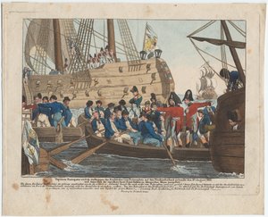 Napoleon Bonaparte als gevangene van de Engelsen wordt van de Bellerophon naar Northumberland gebracht op 8 door August Friedrich Andreas Campe