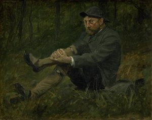 De architect Thorvald Bindesbøll in een dennenbos op Kullen