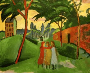 Landschap met drie meisjes door August Macke
