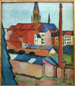 Mariakerk met huizen en schoorsteen