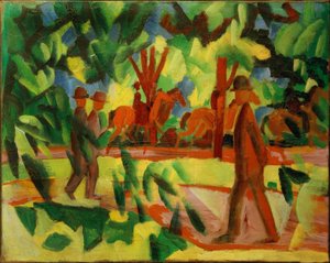 Ruiters en wandelaars in de laan door August Macke