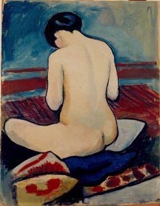 Naakt zitten met kussen door August Macke