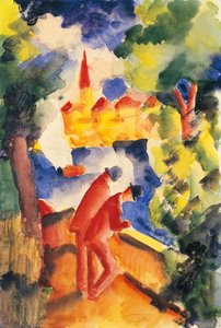 Twee mannen leunen op de reling met uitzicht op een meer, 1914 door August Macke