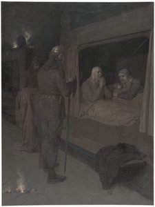Njal, Bergthora en Thord Karisson besluiten zich levend te laten verbranden. Illustratie voor Njals saga, hfdst. 129 door August Malmström